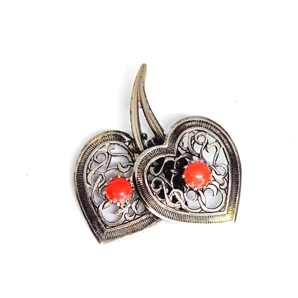 Vintage Faux Coral Silver Tone Open Work Double Heart Cherry Cherries Pin Brooch
